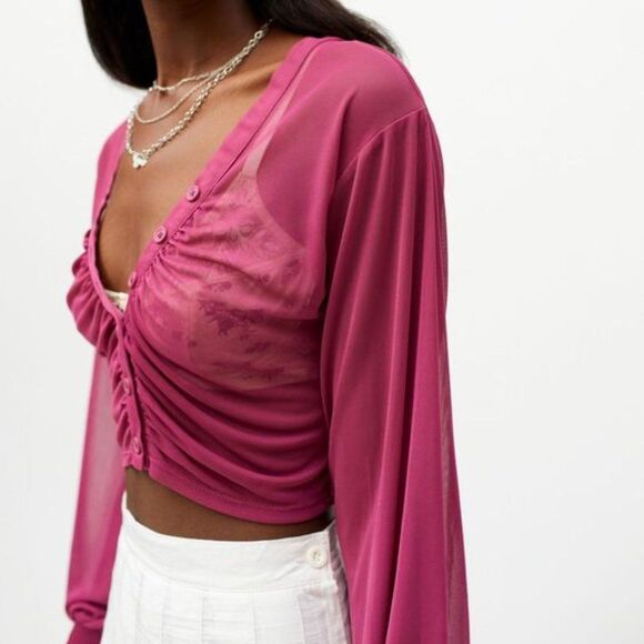 Urban Outfitters Women's UO Cara Mesh Ruched Blouse Purple - Picture 5 of 8